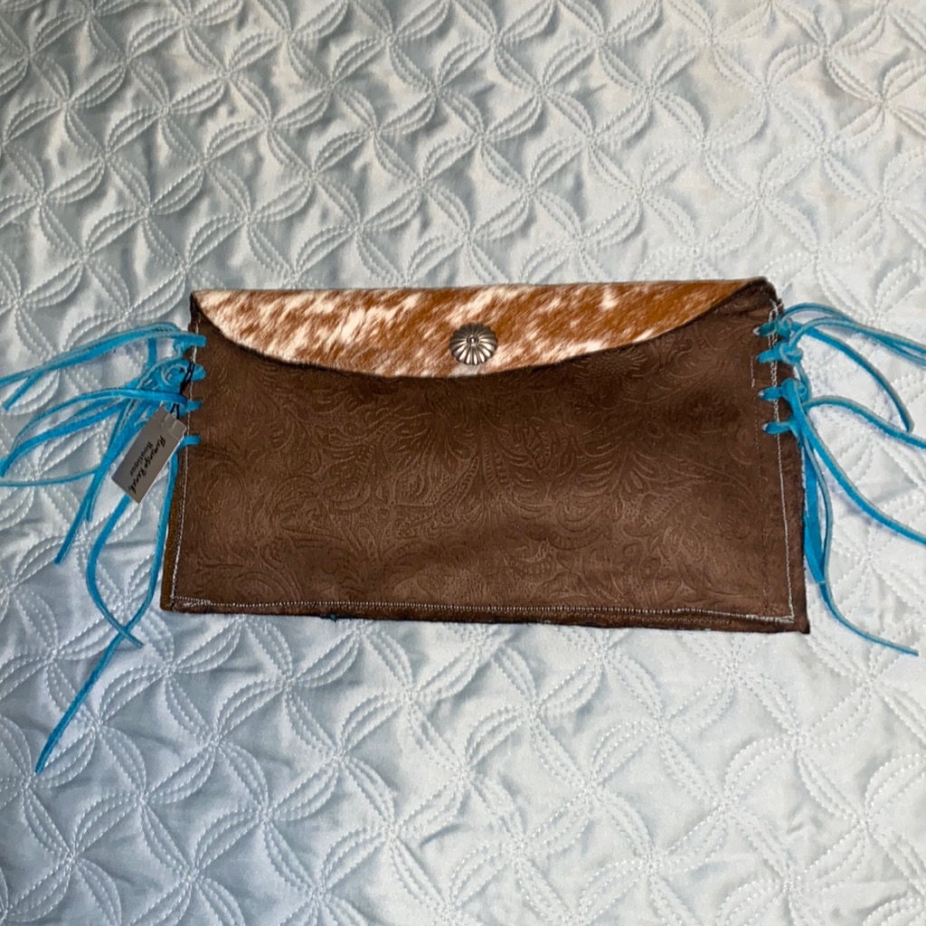 Nwt Clutchtooled Brown Leather With Cow Hide Flap And Back With Turquoise Fringe